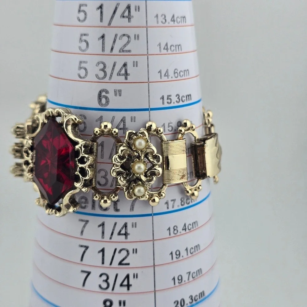 Vintage Art Deco Red Glass Gold Tone Panel Bracelet & Clip On Set